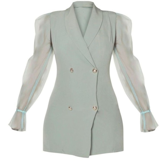 PrettyLittleThing Dresses & Skirts - PRETTYLITTLETHING Sage Green Button Up Organza Sleeve Blazer Dress Sz US 8